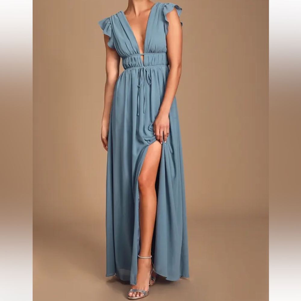 I'm All Yours Slate Blue Ruffled Maxi Dress Lulus